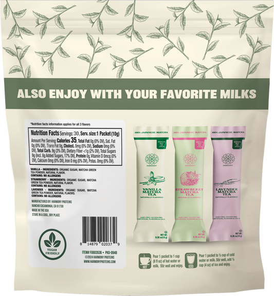 Matcha Combo Variety Pack – Lavender, Strawberry & Vanilla – Premium Shade-Grown Japanese Matcha, Sweetened with Organic Sugar, 30 Single Stick Packs