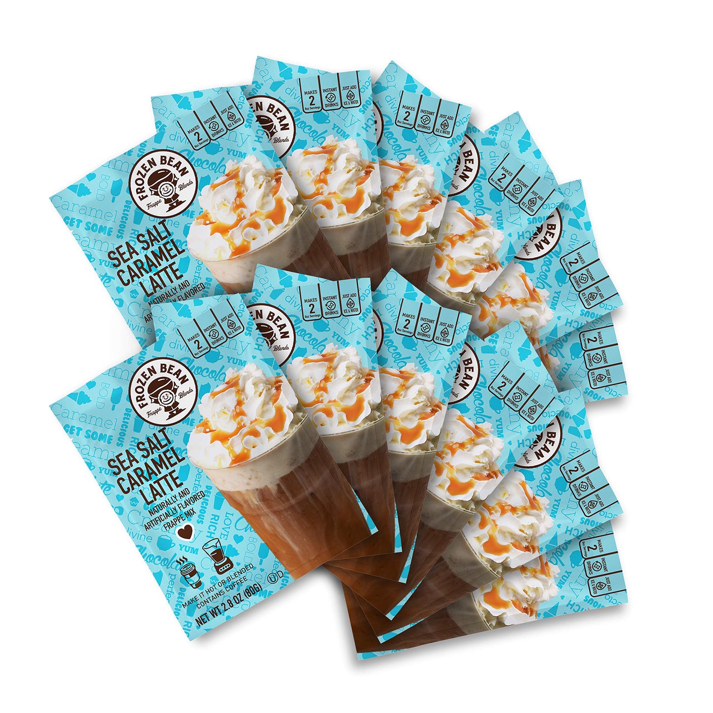 The Frozen Bean - Sea Salt Caramel Latte Frappe Mix, Coffee Drink with 100% Arabica Coffee, Certified Kosher, Halal, Gluten Free, 12 Packets