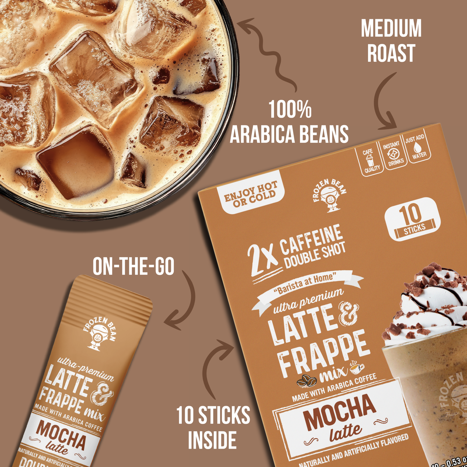 The Frozen Bean Mocha Frappe & Latte Instant Mix – 10 Single-Serve Packs (Carton)