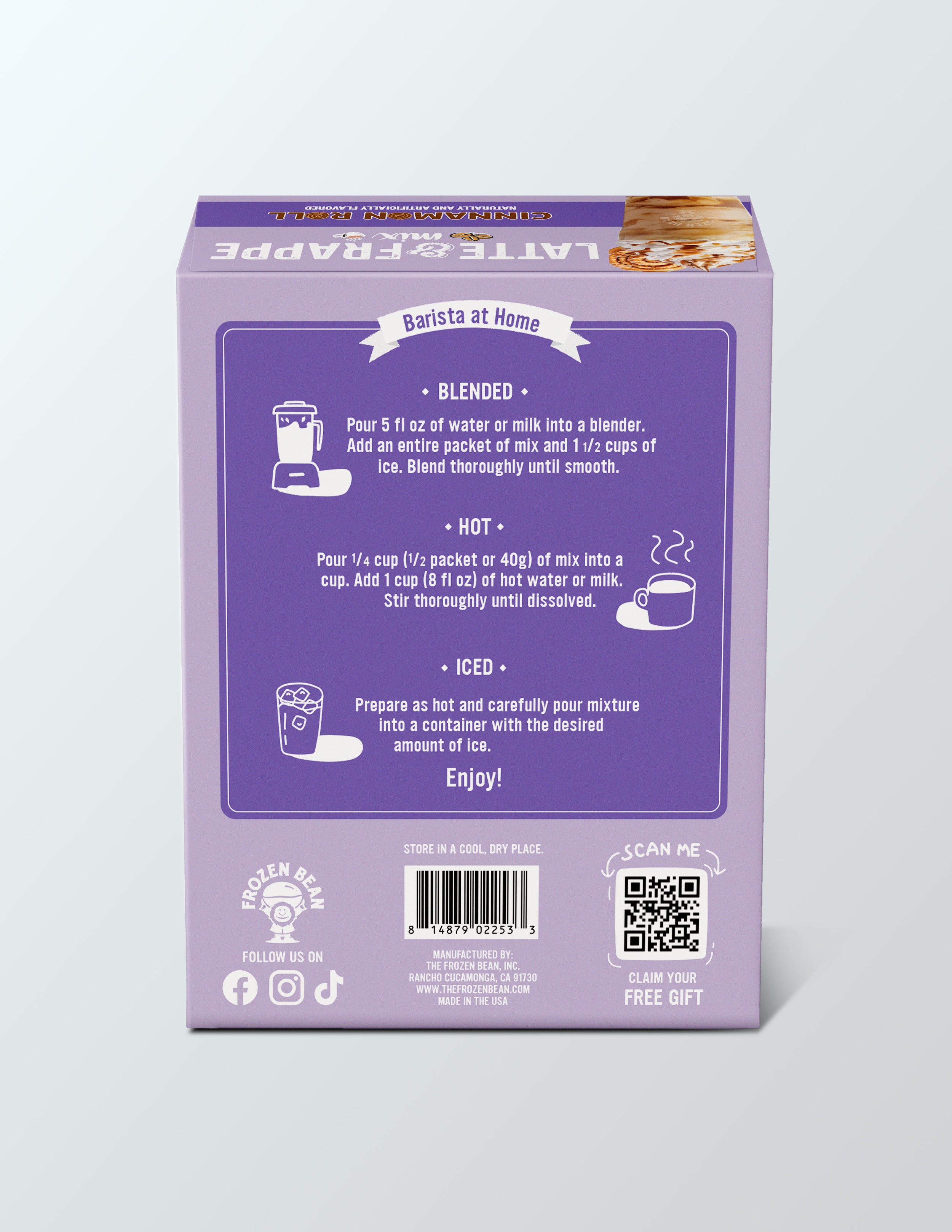 The Frozen Bean - Cinnamon Roll Instant Latte Mix  with Arabica Coffee, Double Caffeine, Low Sugar - for Hot, Iced, or Frappuccino-Style Blended Drinks - (3) 2.8 oz Single Serve