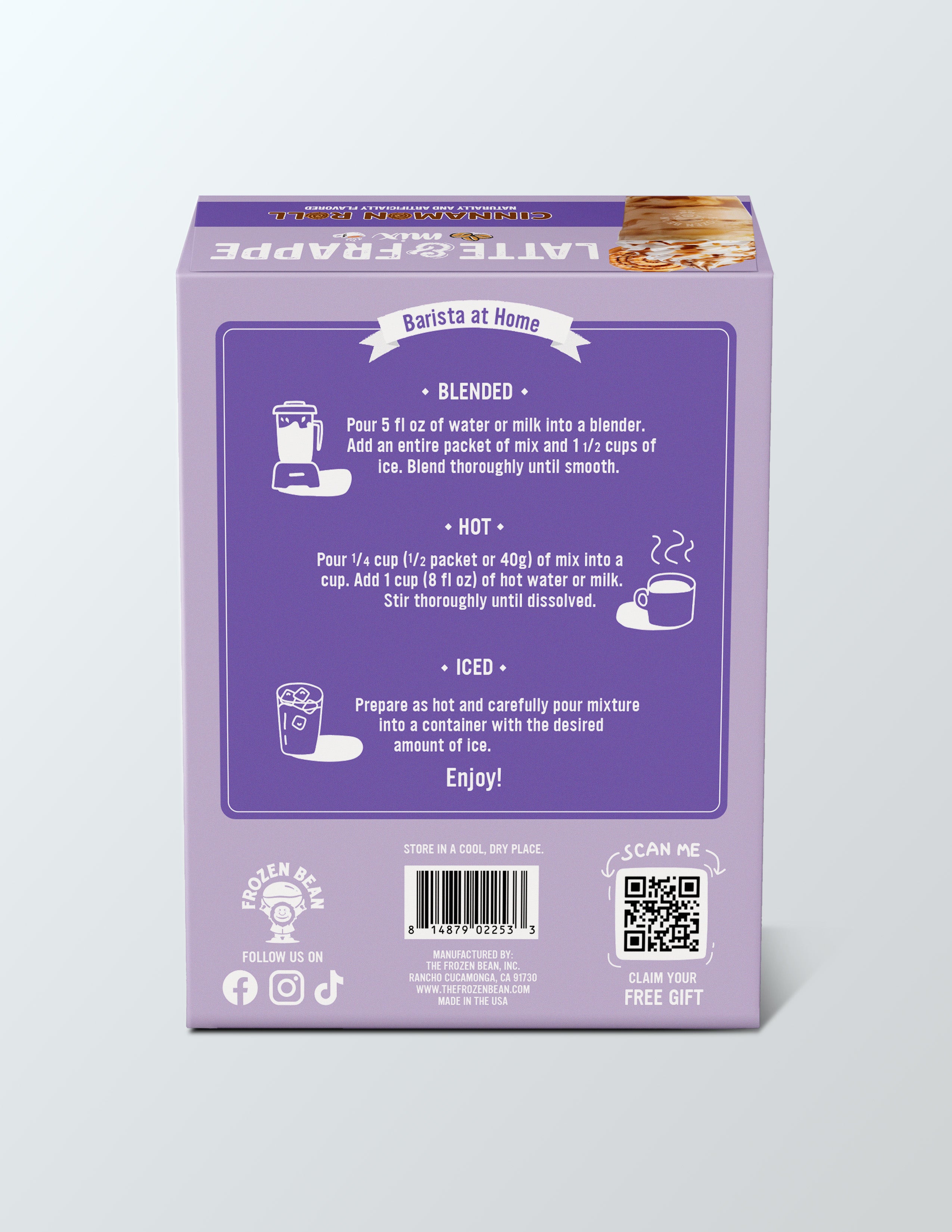 The Frozen Bean - Cinnamon Roll Instant Latte Mix  with Arabica Coffee, Double Caffeine, Low Sugar - for Hot, Iced, or Frappuccino-Style Blended Drinks - (3) 2.8 oz Single Serve