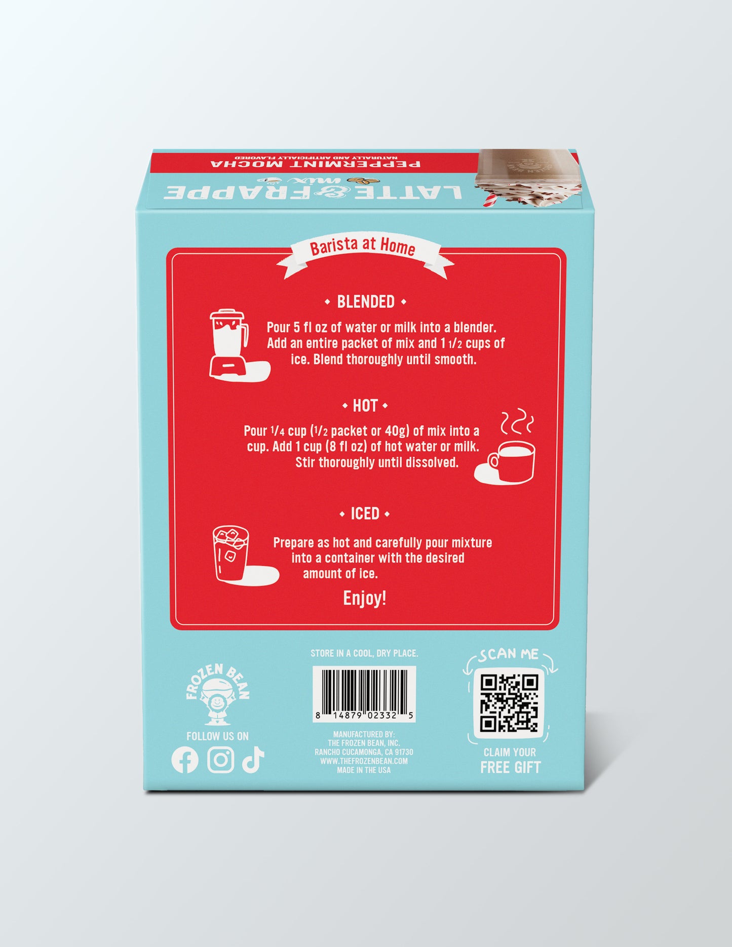 The Frozen Bean - Peppermint Mocha Instant Latte Mix  with Arabica Coffee, Double Caffeine, Low Sugar - for Hot, Iced, or Frappuccino-Style Blended Drinks - (3) 2.8 oz Single Serve