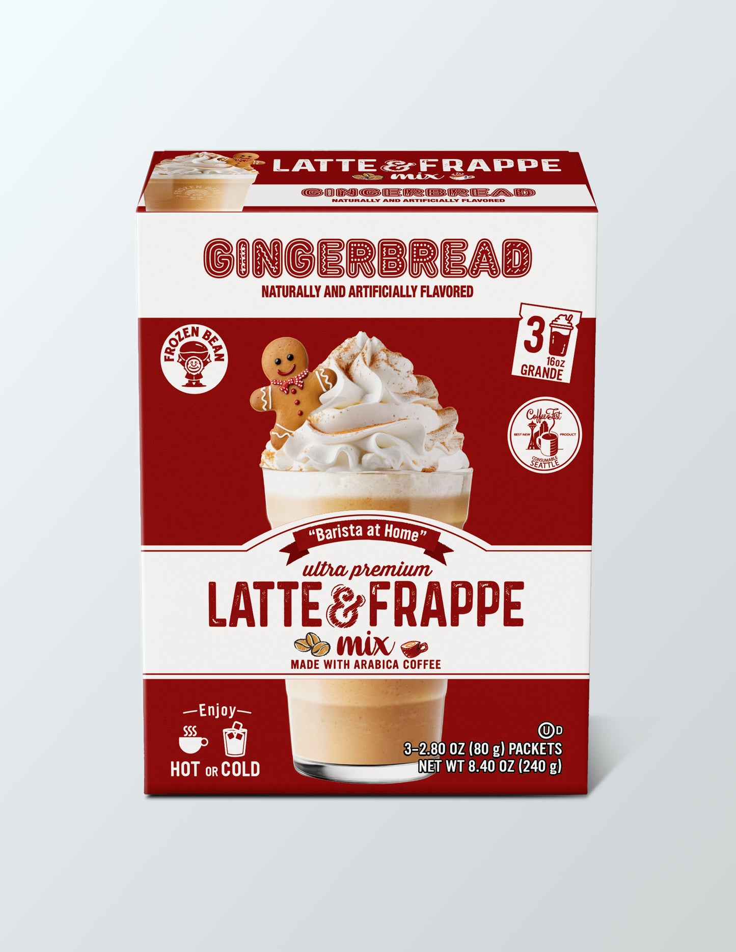 The Frozen Bean - Gingerbread Instant Latte Mix  with Arabica Coffee, Double Caffeine, Low Sugar - for Hot, Iced, or Frappuccino-Style Blended Drinks - (3) 2.8 oz Single Serve