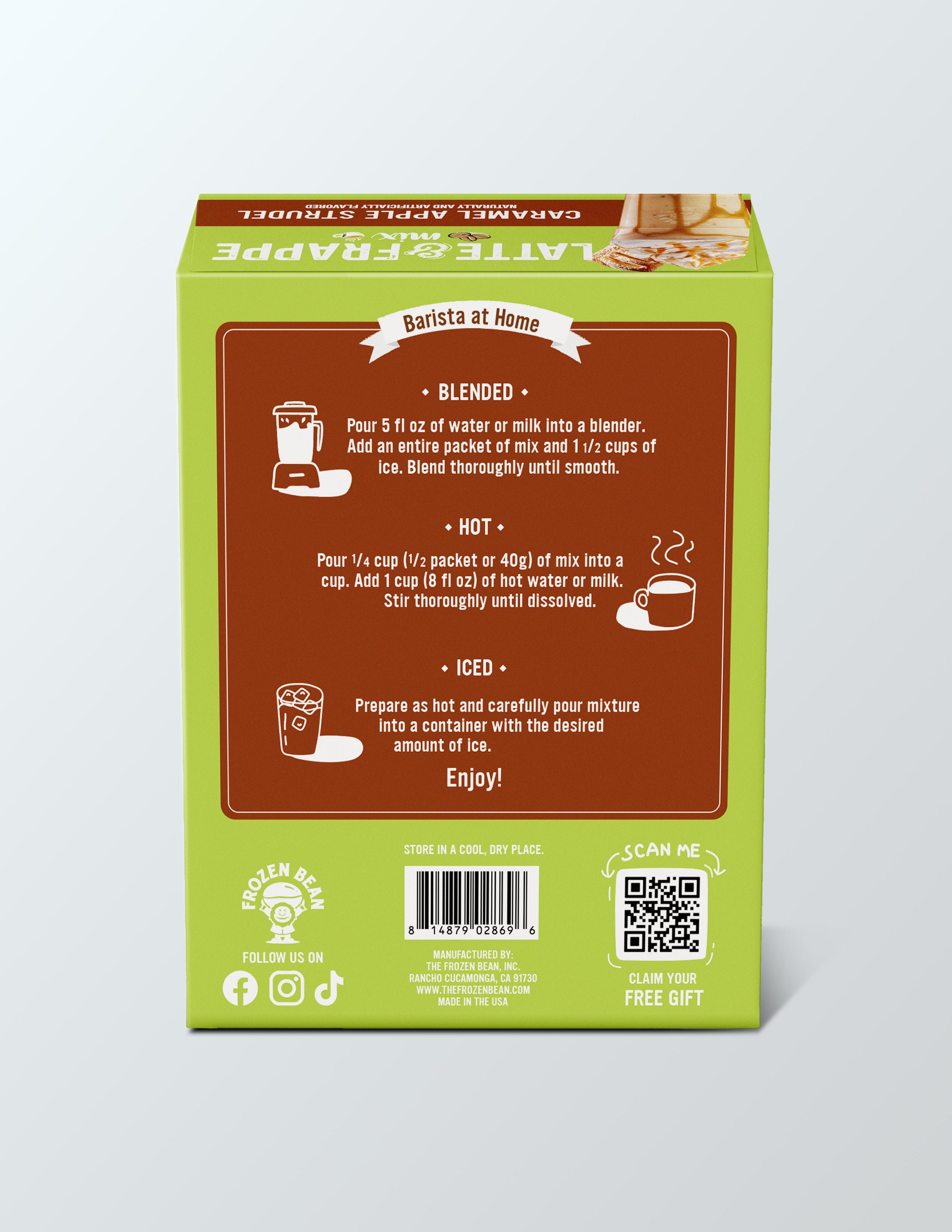 The Frozen Bean - Caramel Apple Strudel Instant Latte Mix  with Arabica Coffee, Double Caffeine, Low Sugar - for Hot, Iced, or Frappuccino-Style Blended Drinks - (3) 2.8 oz Single Serve