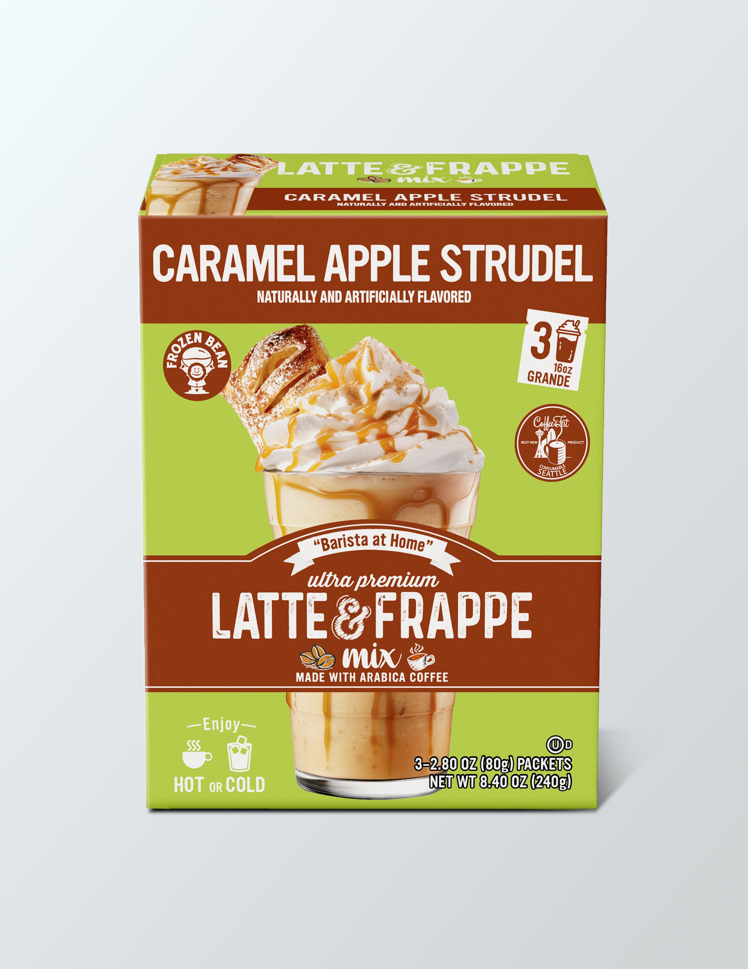The Frozen Bean - Caramel Apple Strudel Instant Latte Mix  with Arabica Coffee, Double Caffeine, Low Sugar - for Hot, Iced, or Frappuccino-Style Blended Drinks - (3) 2.8 oz Single Serve
