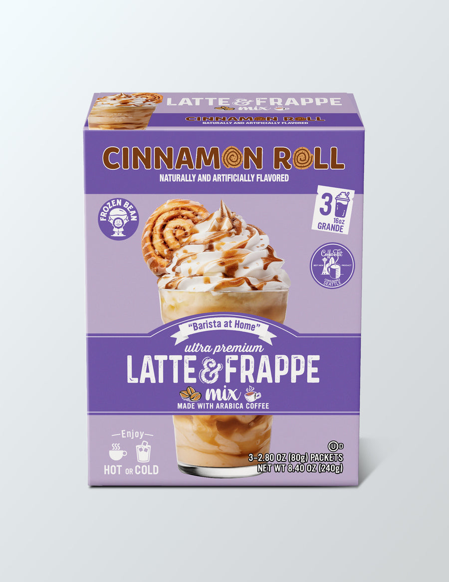 The Frozen Bean - Cinnamon Roll Instant Latte Mix  with Arabica Coffee, Double Caffeine, Low Sugar - for Hot, Iced, or Frappuccino-Style Blended Drinks - (3) 2.8 oz Single Serve