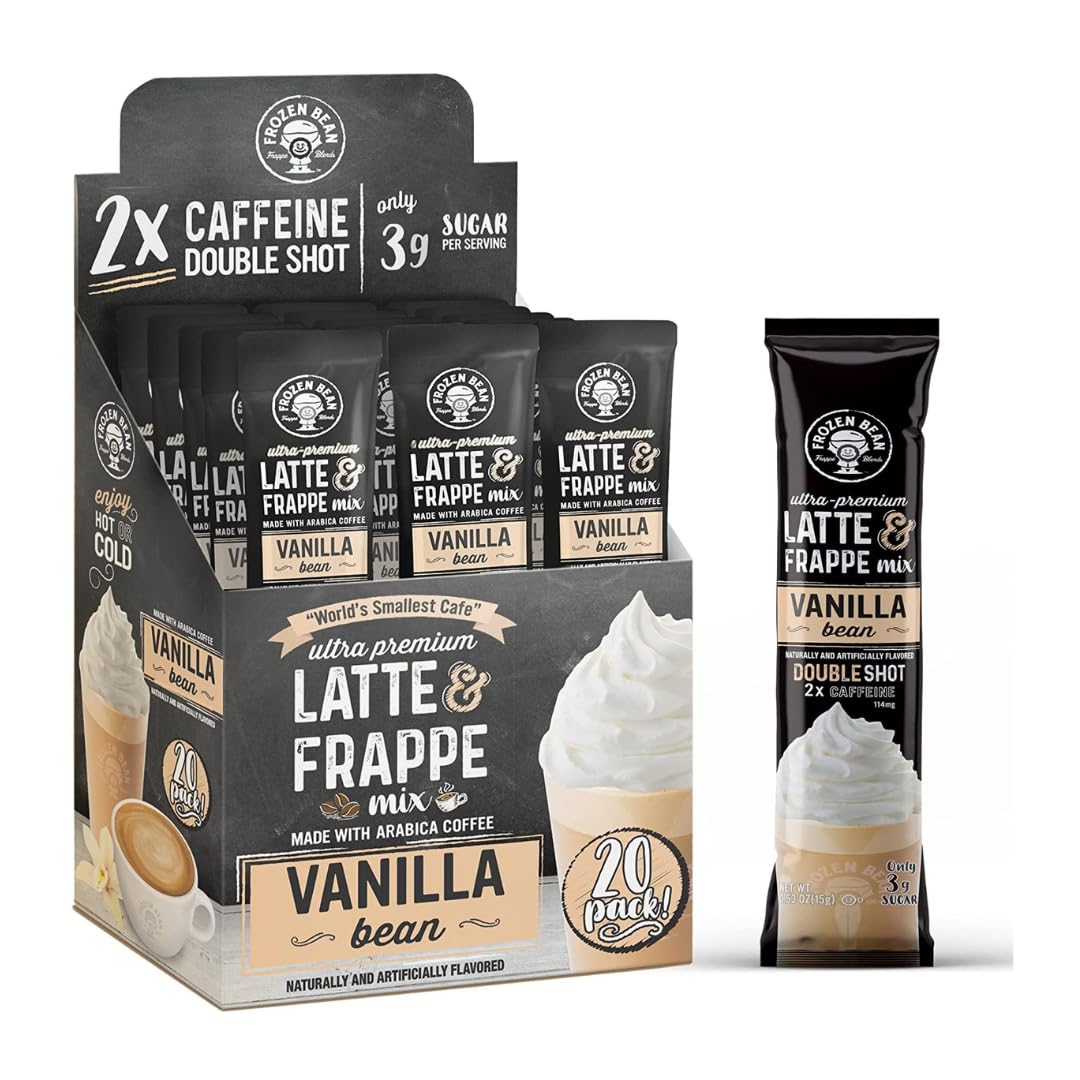 Frappe & Latte Instant Mix – Double Caffeine, Low Sugar, Arabica Coffee | Kosher, Instant Coffee Packets | Hot, Iced & Blended Drinks - 20 Single Serve Sticks