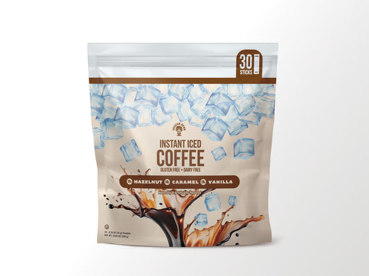 The Frozen Bean, Instant Iced Coffee, Single-Serve Packets, Gluten-Free, Dairy-Free, Variety Pack, Vanilla, Hazelnut, Caramel, 10 packets each (30 packs total)