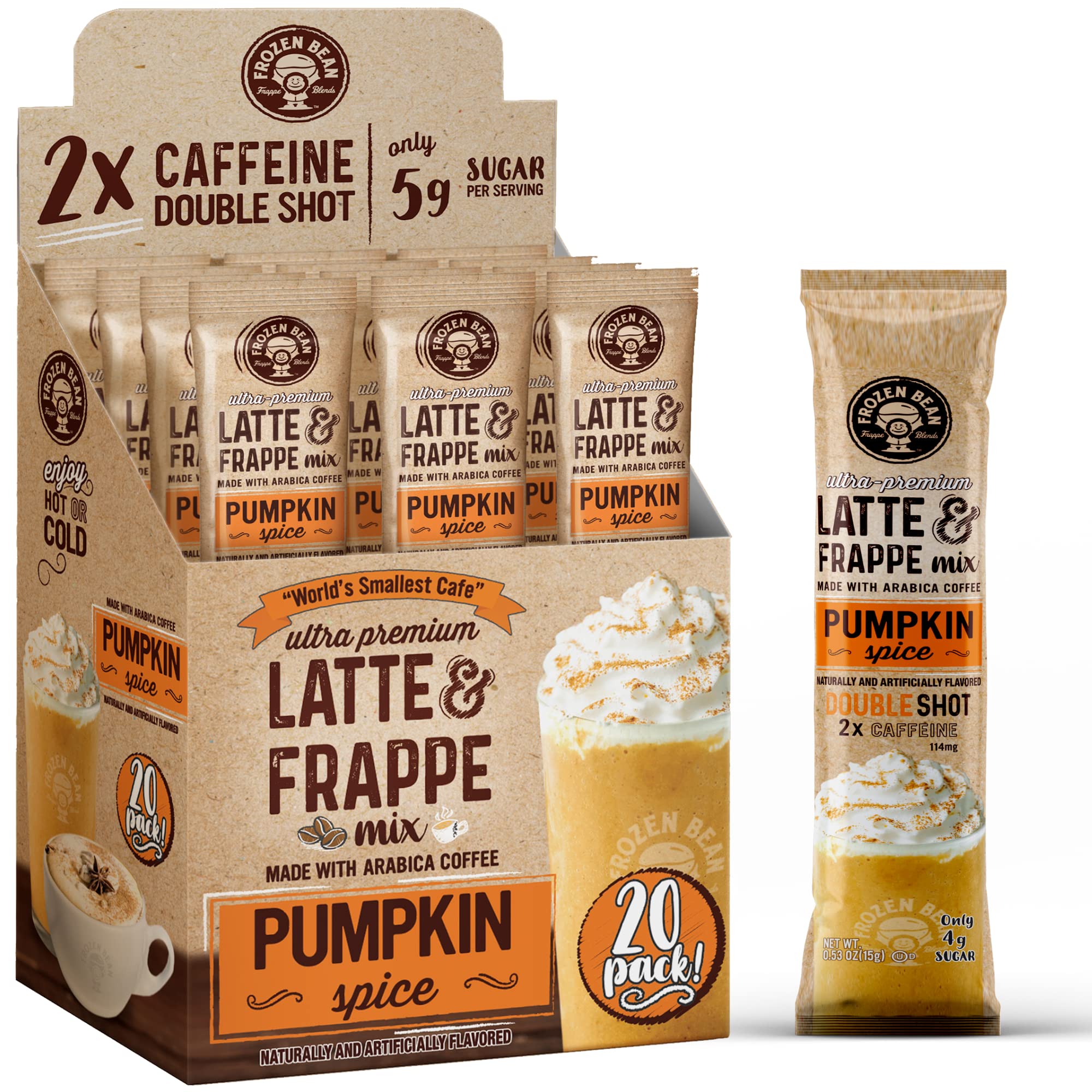Frappe & Latte Instant Mix – Double Caffeine, Low Sugar, Arabica Coffee | Kosher, Instant Coffee Packets | Hot, Iced & Blended Drinks - 20 Single Serve Sticks