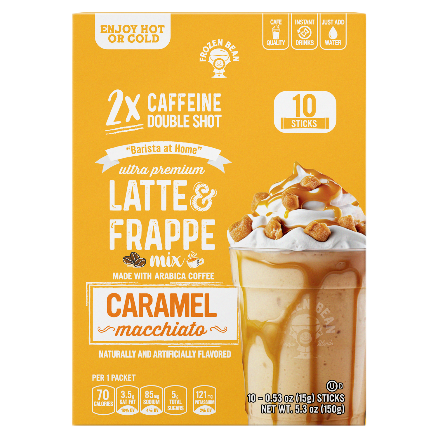 The Frozen Bean Caramel Macchiato Frappe & Latte Instant Mix – 10 Single-Serve Packs (Carton)