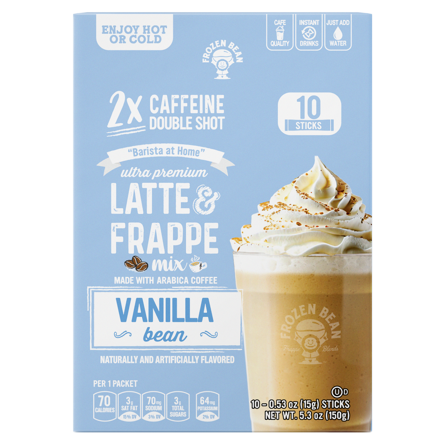The Frozen Bean Vanilla Bean Frappe & Latte Instant Mix – 10 Single-Serve Packs (Carton)