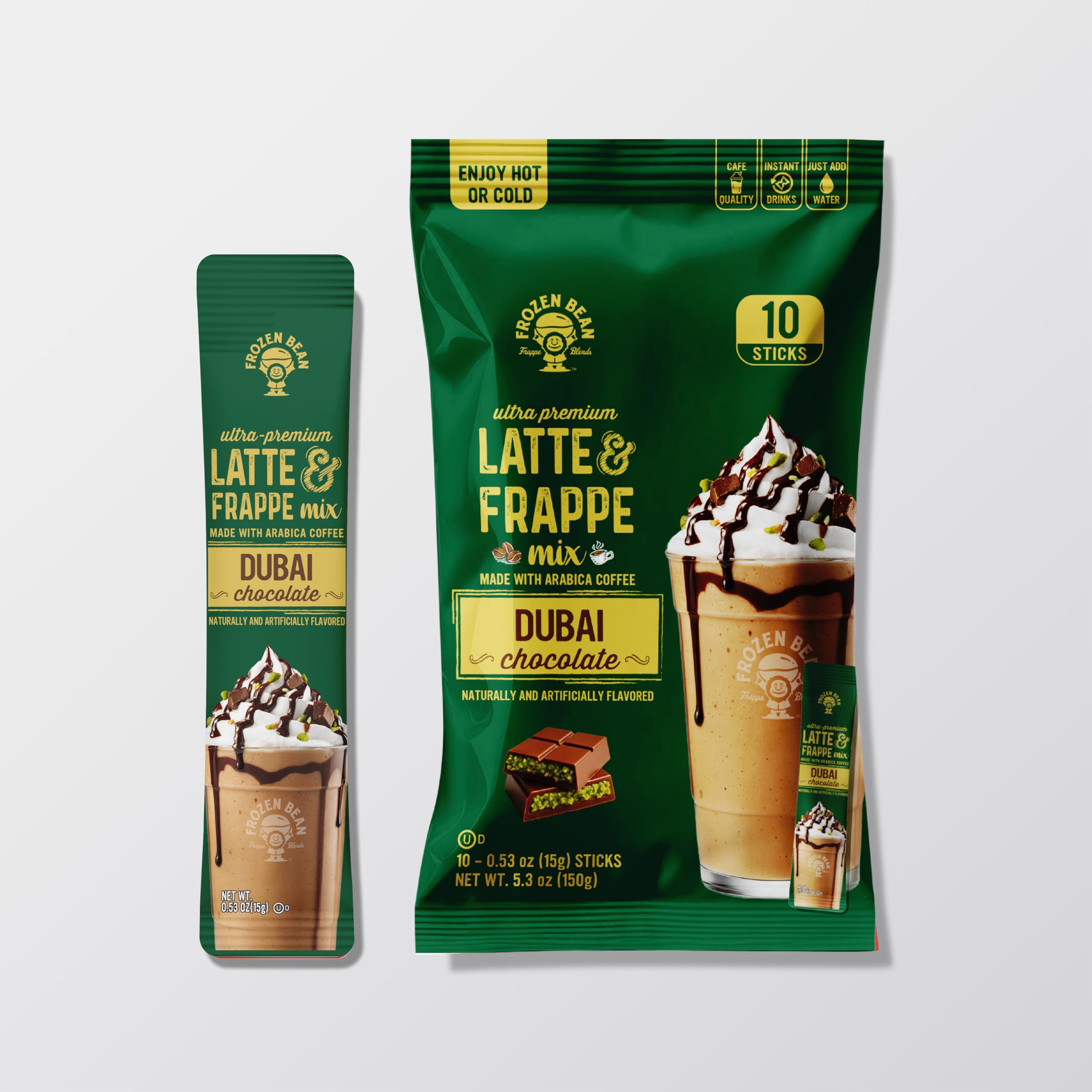 The Frozen Bean Dubai Chocolate Frappe & Latte Instant Mix (10 Sticks), Made with Arabica Coffee, Double Shot Caffeine, Low Sugar & Premium Ingredients, Hot, Iced, or Blended Drinks