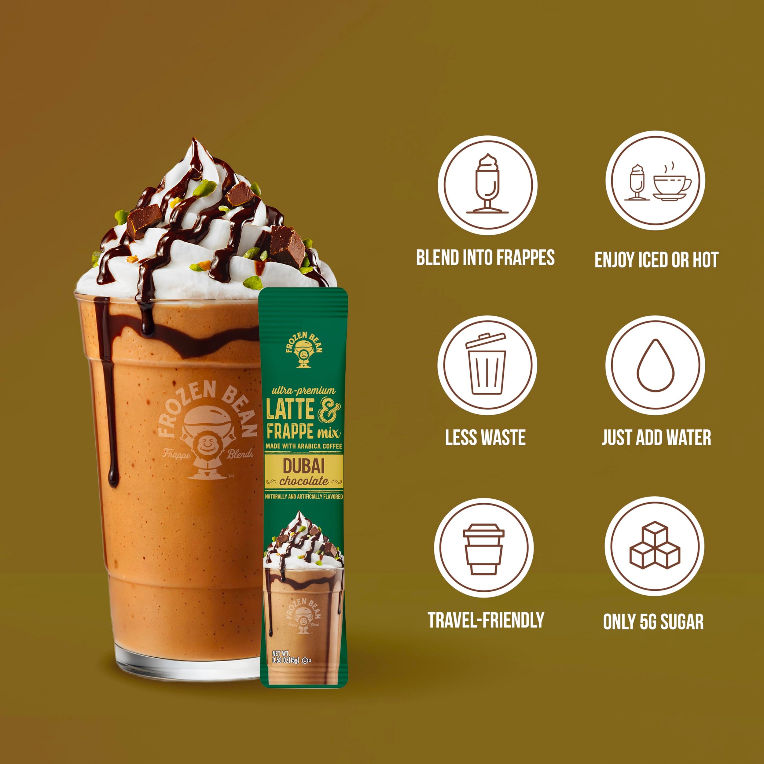 The Frozen Bean Dubai Chocolate Frappe & Latte Instant Mix (10 Sticks), Made with Arabica Coffee, Double Shot Caffeine, Low Sugar & Premium Ingredients, Hot, Iced, or Blended Drinks