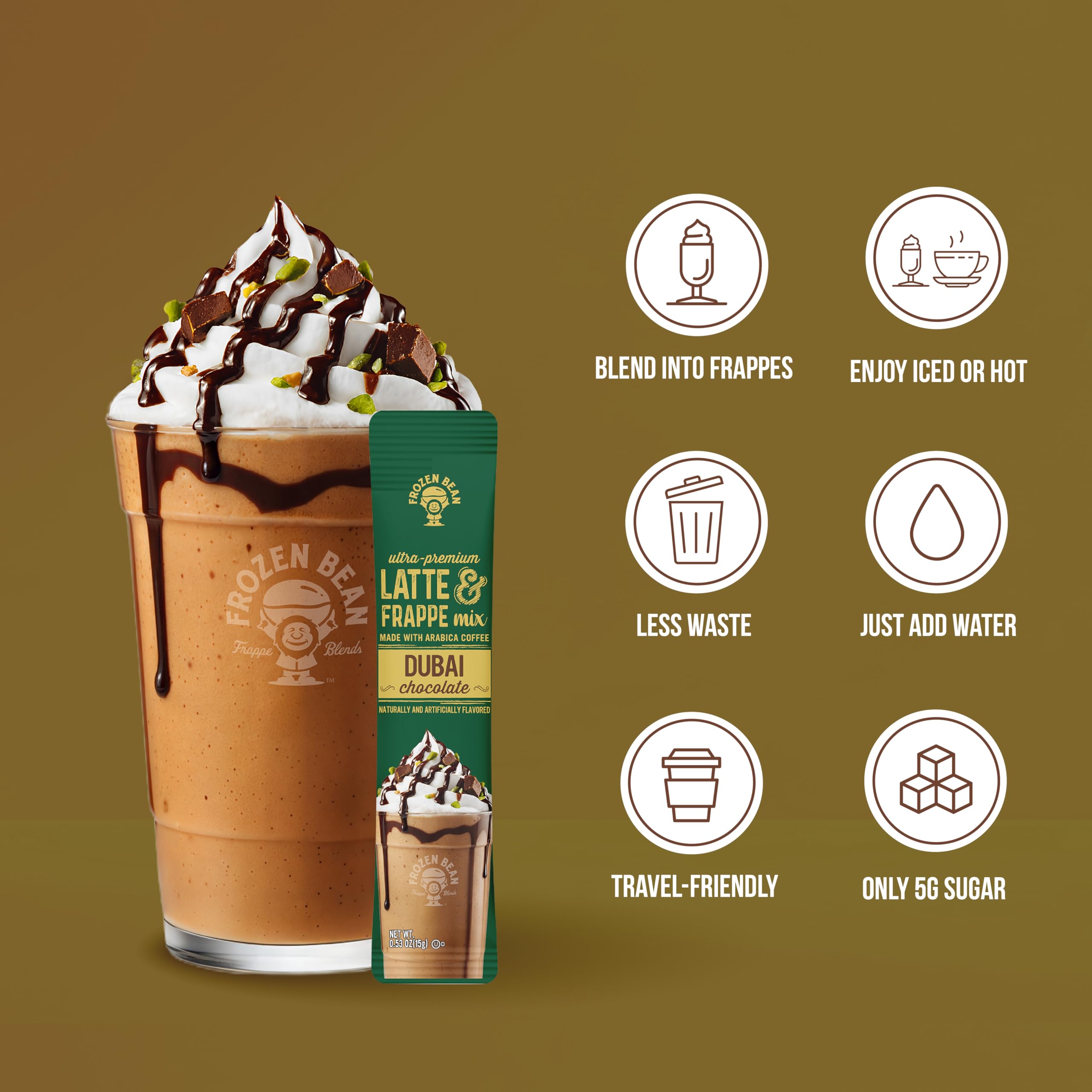 The Frozen Bean Dubai Chocolate Frappe & Latte Instant Mix (10 Sticks), Made with Arabica Coffee, Double Shot Caffeine, Low Sugar & Premium Ingredients, Hot, Iced, or Blended Drinks