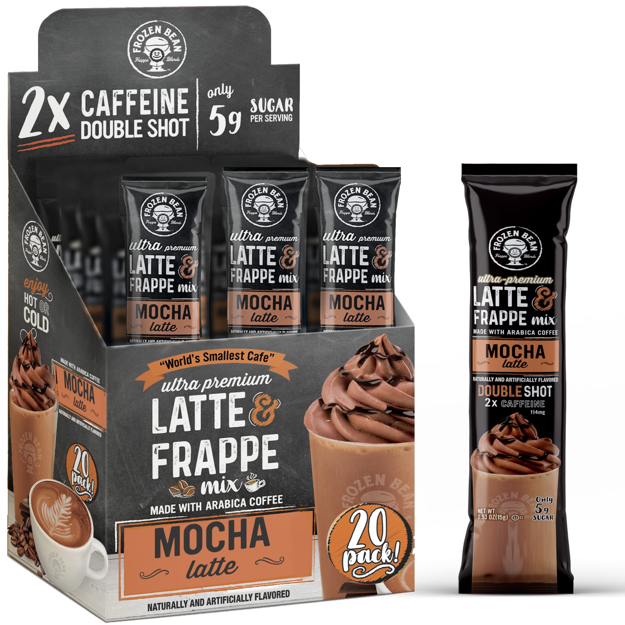 Frappe & Latte Instant Mix – Double Caffeine, Low Sugar, Arabica Coffee | Kosher, Instant Coffee Packets | Hot, Iced & Blended Drinks - 20 Single Serve Sticks