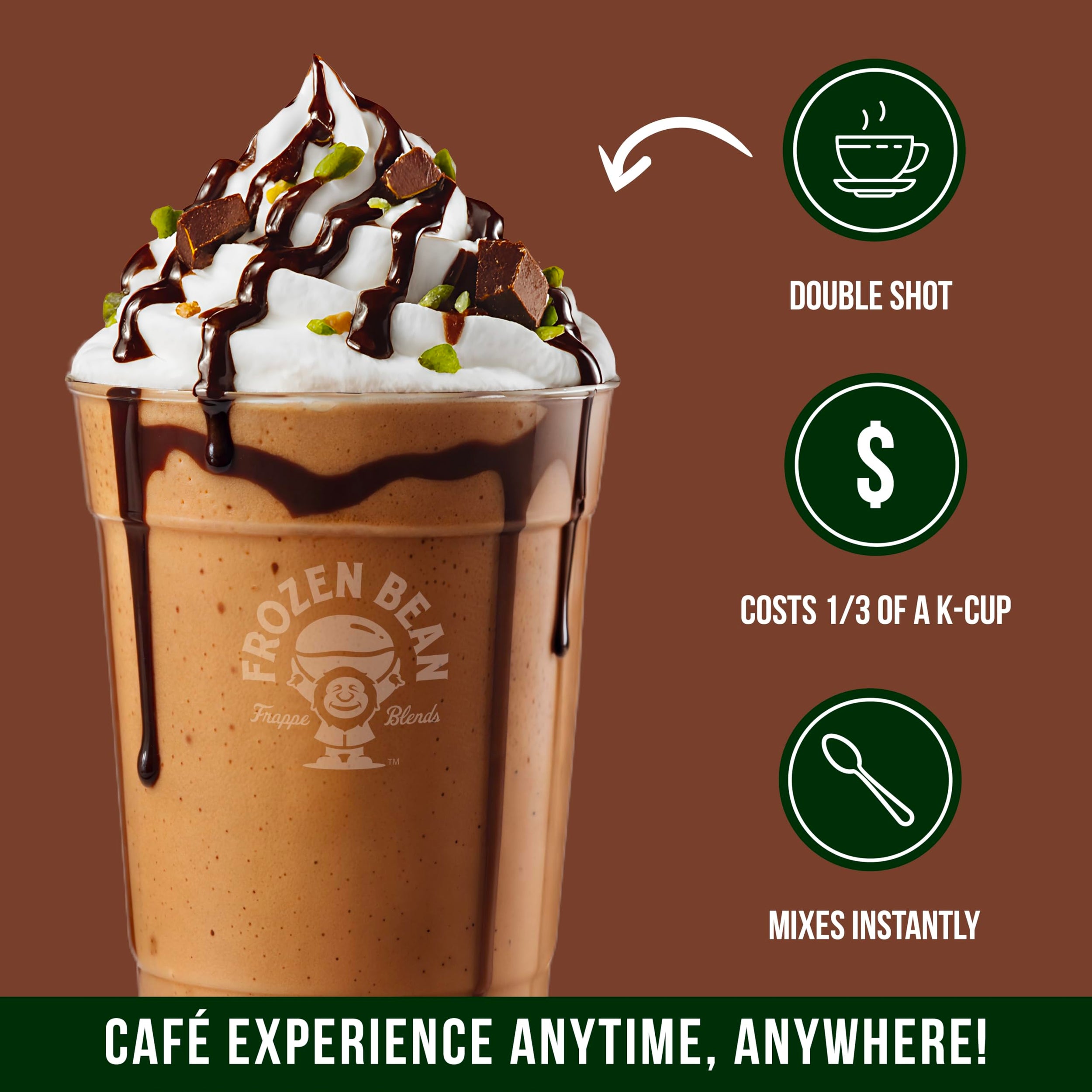 The Frozen Bean Dubai Chocolate Frappe & Latte Instant Mix (10 Sticks), Made with Arabica Coffee, Double Shot Caffeine, Low Sugar & Premium Ingredients, Hot, Iced, or Blended Drinks