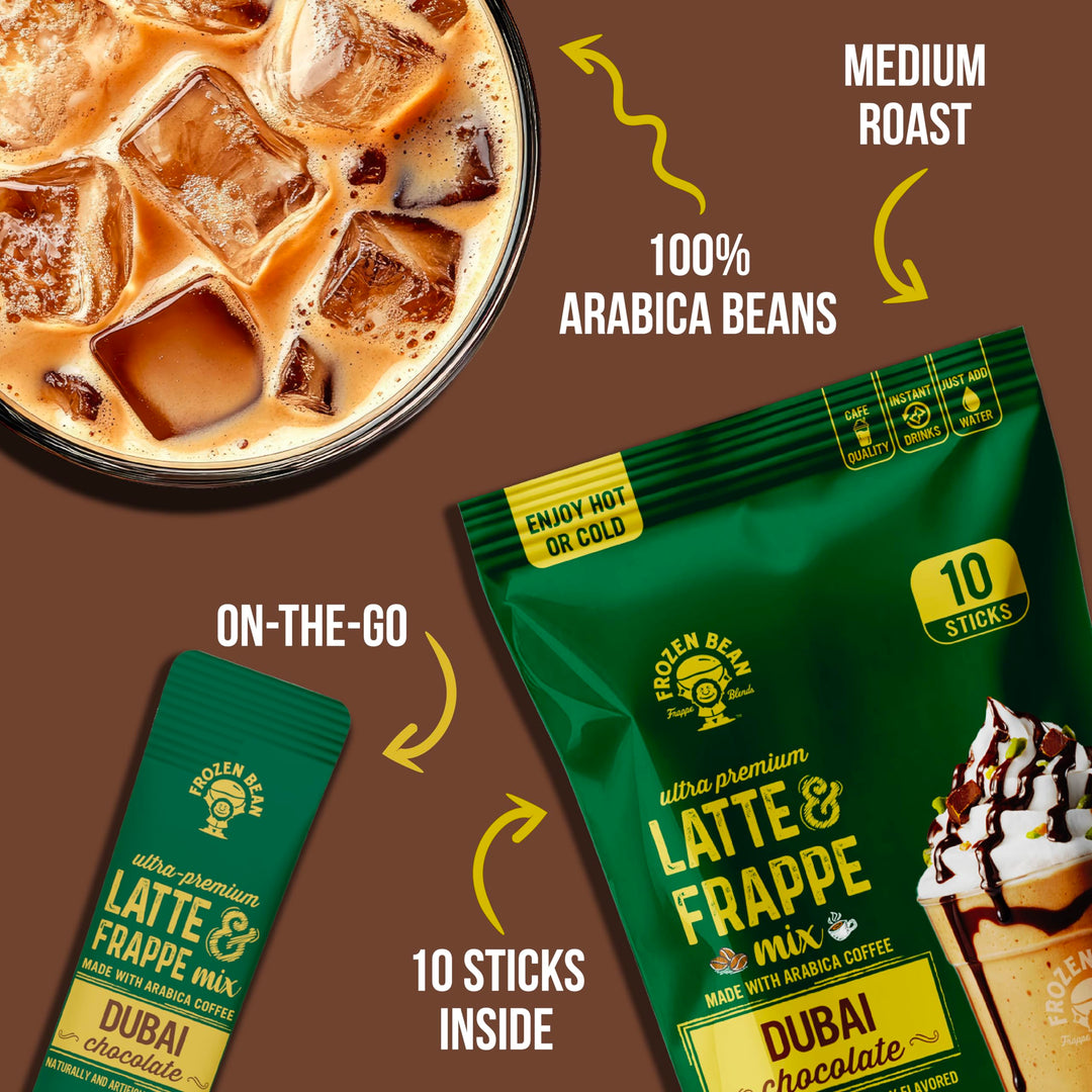 The Frozen Bean Dubai Chocolate Frappe & Latte Instant Mix (10 Sticks)
