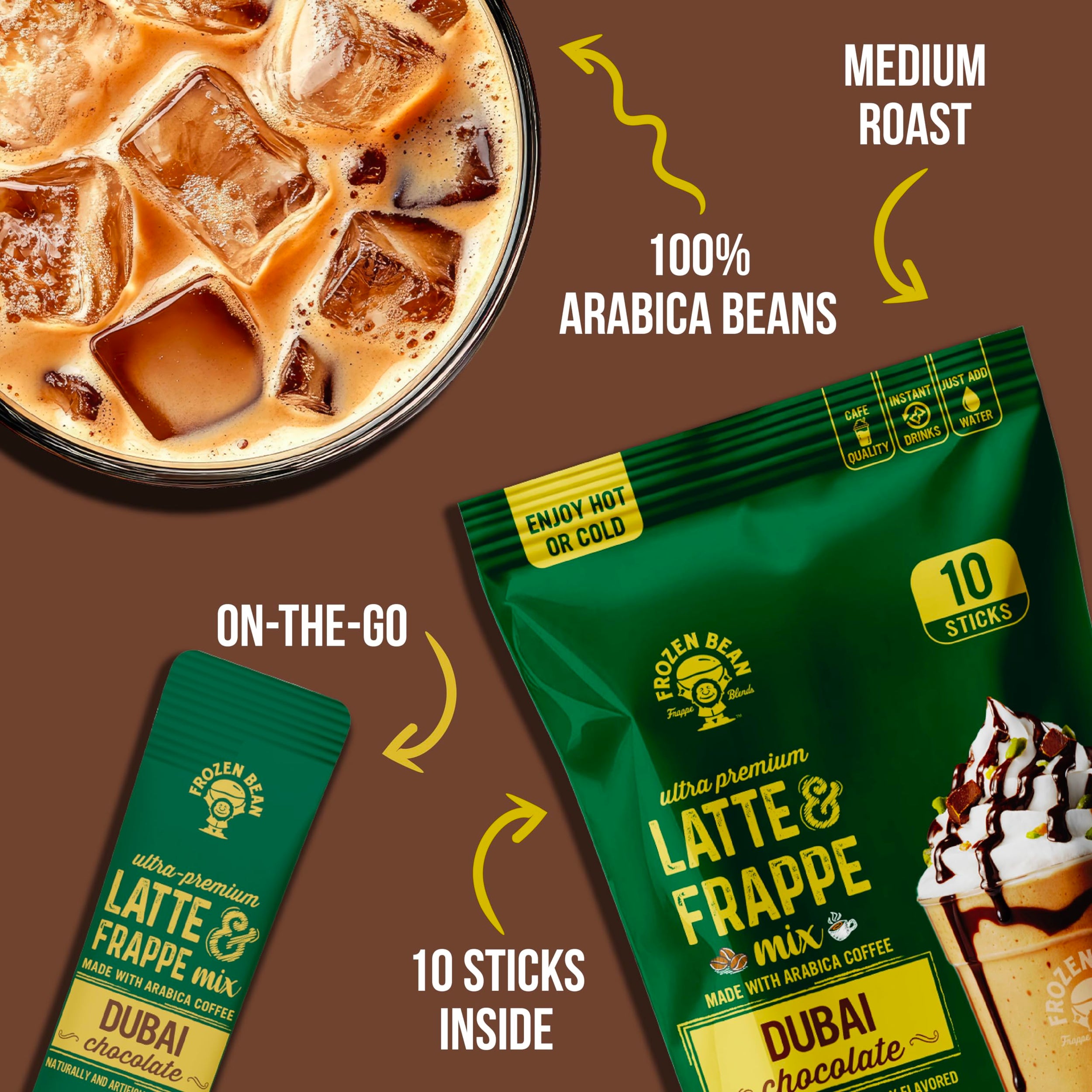 The Frozen Bean Dubai Chocolate Frappe & Latte Instant Mix (10 Sticks), Made with Arabica Coffee, Double Shot Caffeine, Low Sugar & Premium Ingredients, Hot, Iced, or Blended Drinks