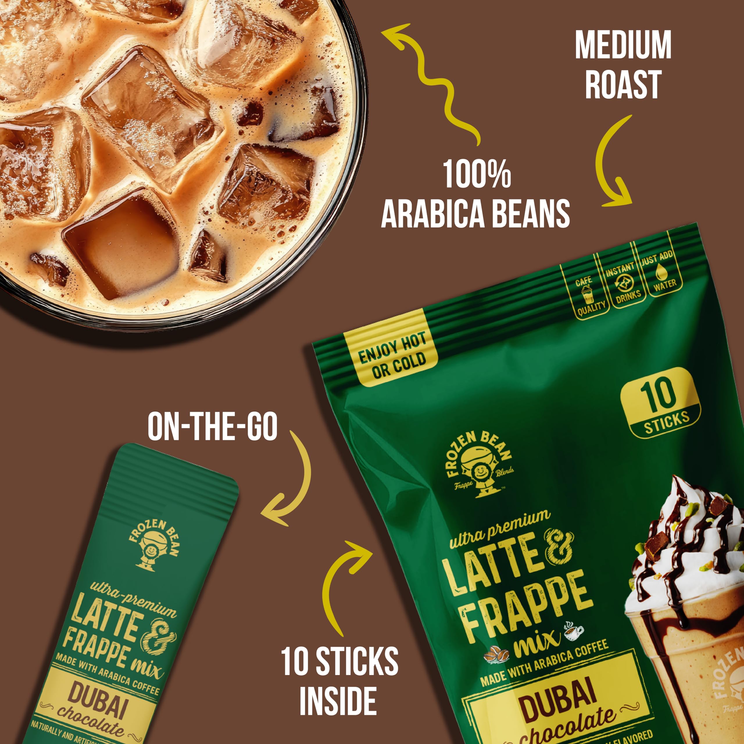 The Frozen Bean Dubai Chocolate Frappe & Latte Instant Mix (10 Sticks), Made with Arabica Coffee, Double Shot Caffeine, Low Sugar & Premium Ingredients, Hot, Iced, or Blended Drinks
