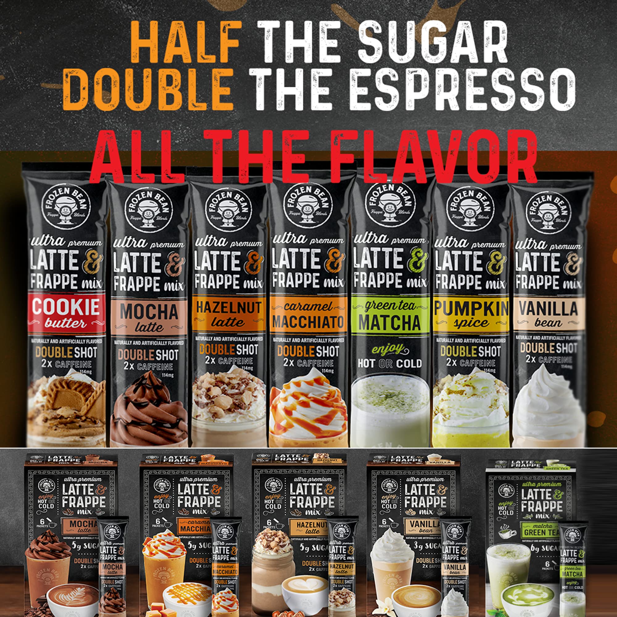 Frappe & Latte Instant Mix – Double Caffeine, Low Sugar, Arabica Coffee | Kosher, Instant Coffee Packets | Hot, Iced & Blended Drinks - 20 Single Serve Sticks