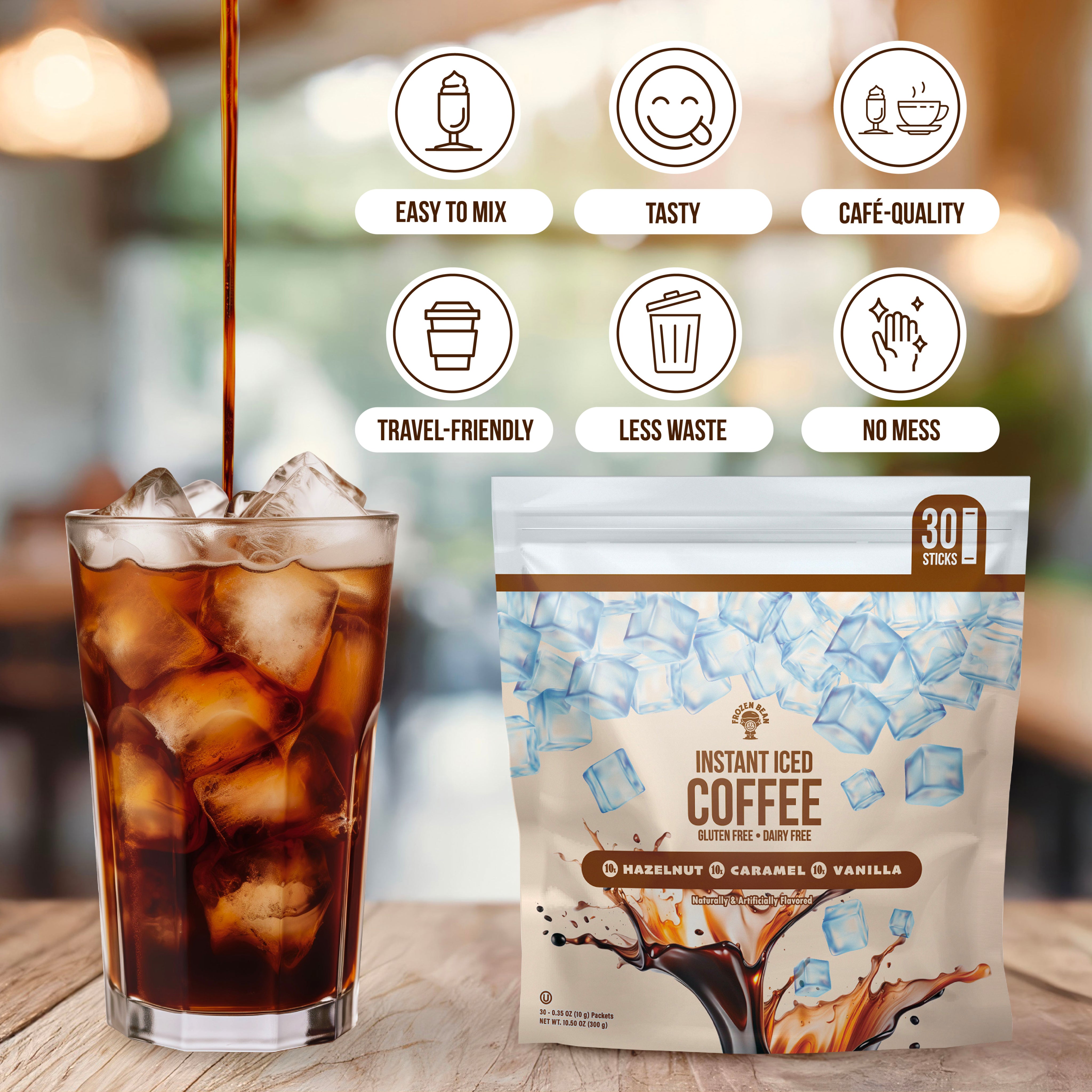 Instant Iced Coffee, Single-Serve Packets, Gluten-Free, Dairy-Free, Variety Pack, Vanilla, Hazelnut, Caramel, 10 packets each (30 packs total)
