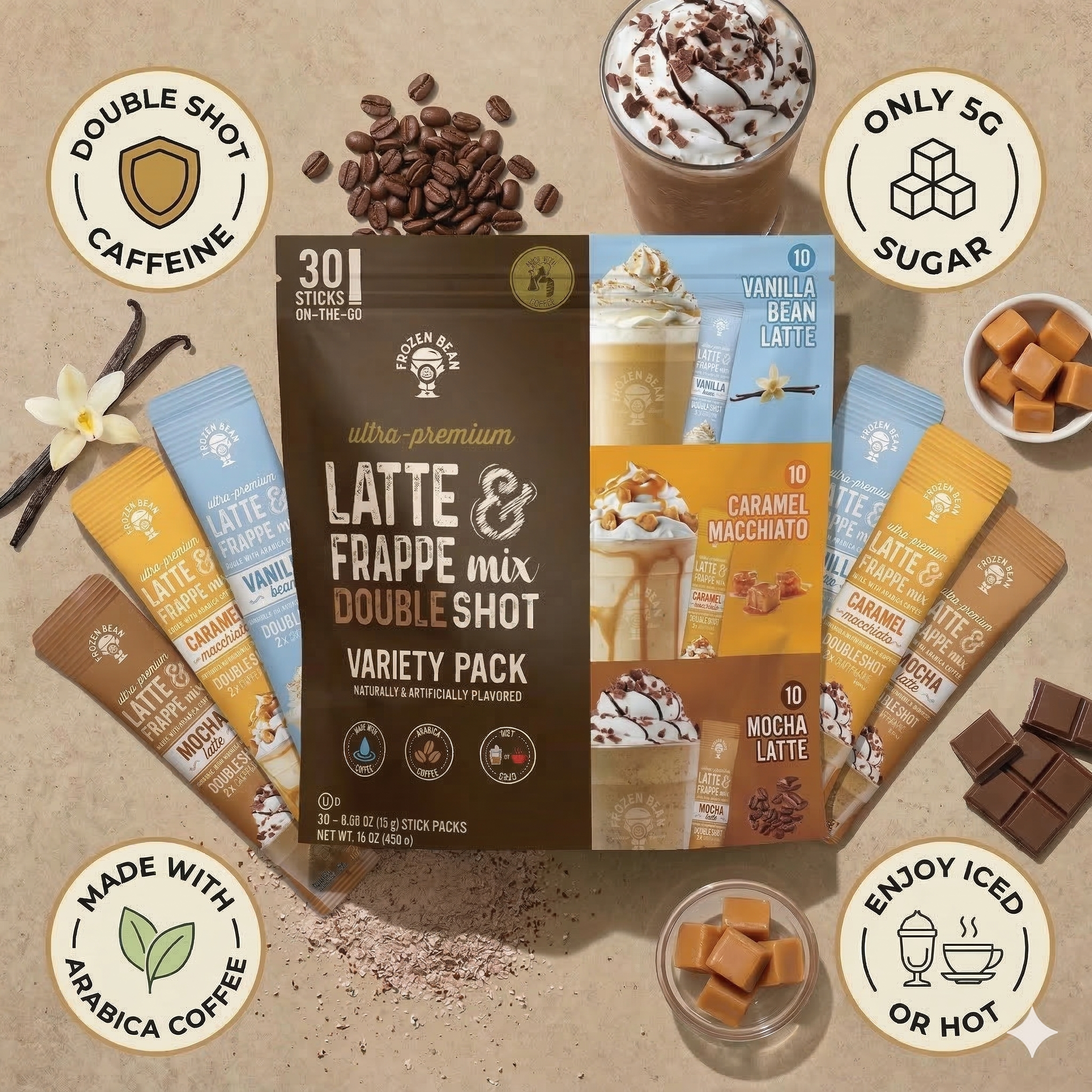 The Frozen Bean Combo Variety Pack Frappe & Latte Instant Mix: Caramel Macchiato, Vanilla Bean, Mocha (30 Sticks)