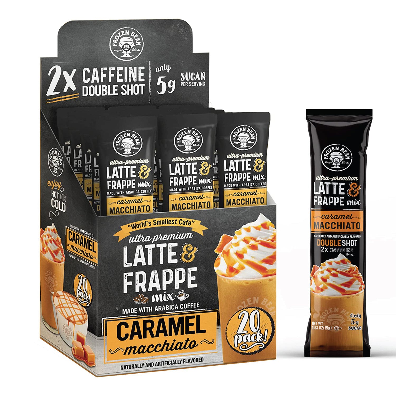 The Frozen Bean Ultra Premium Caramel Macchiato Frappe & Latte Instant Mix (20 Sticks)