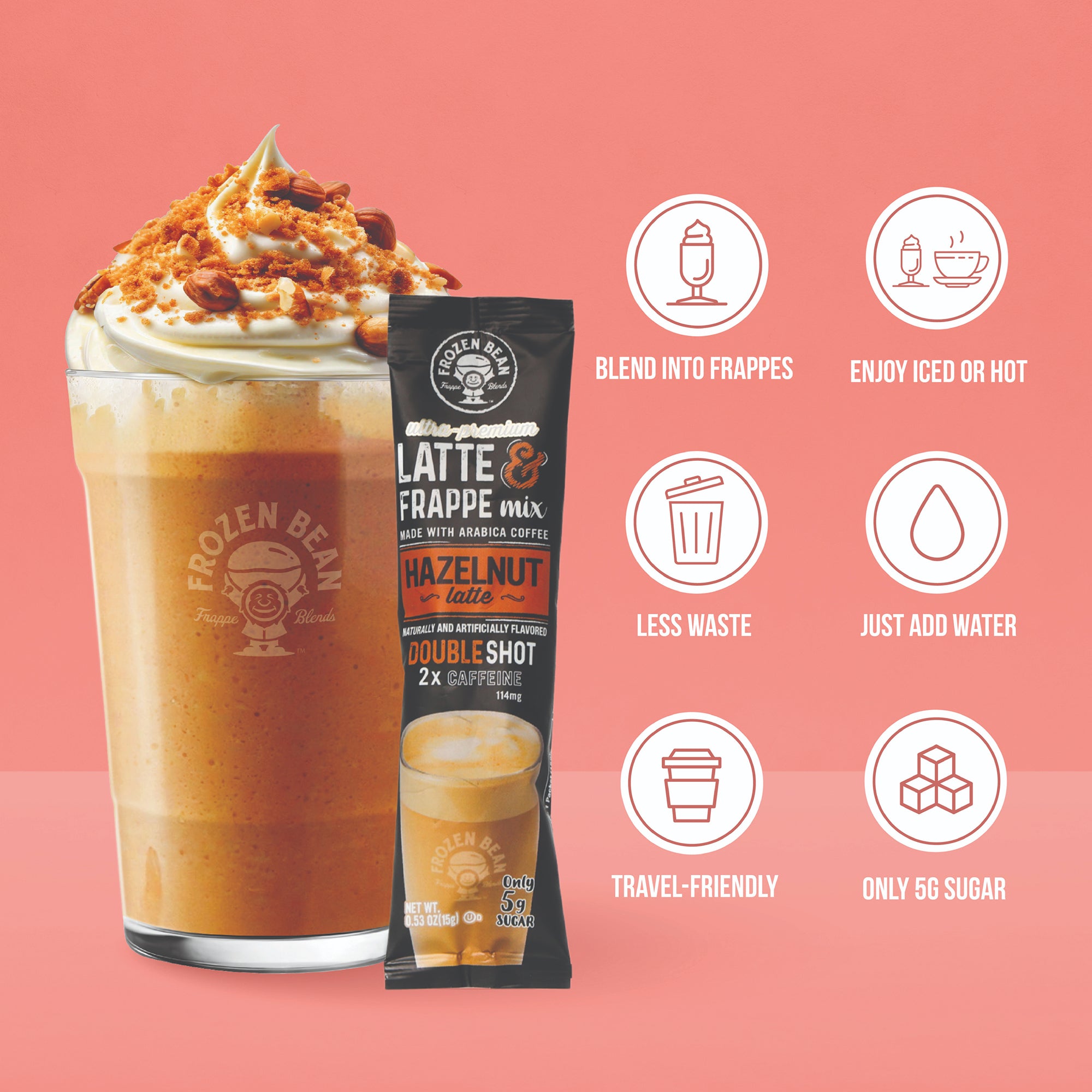 The Frozen Bean Ultra Premium Hazelnut Frappe & Latte Instant Mix (20 Sticks)