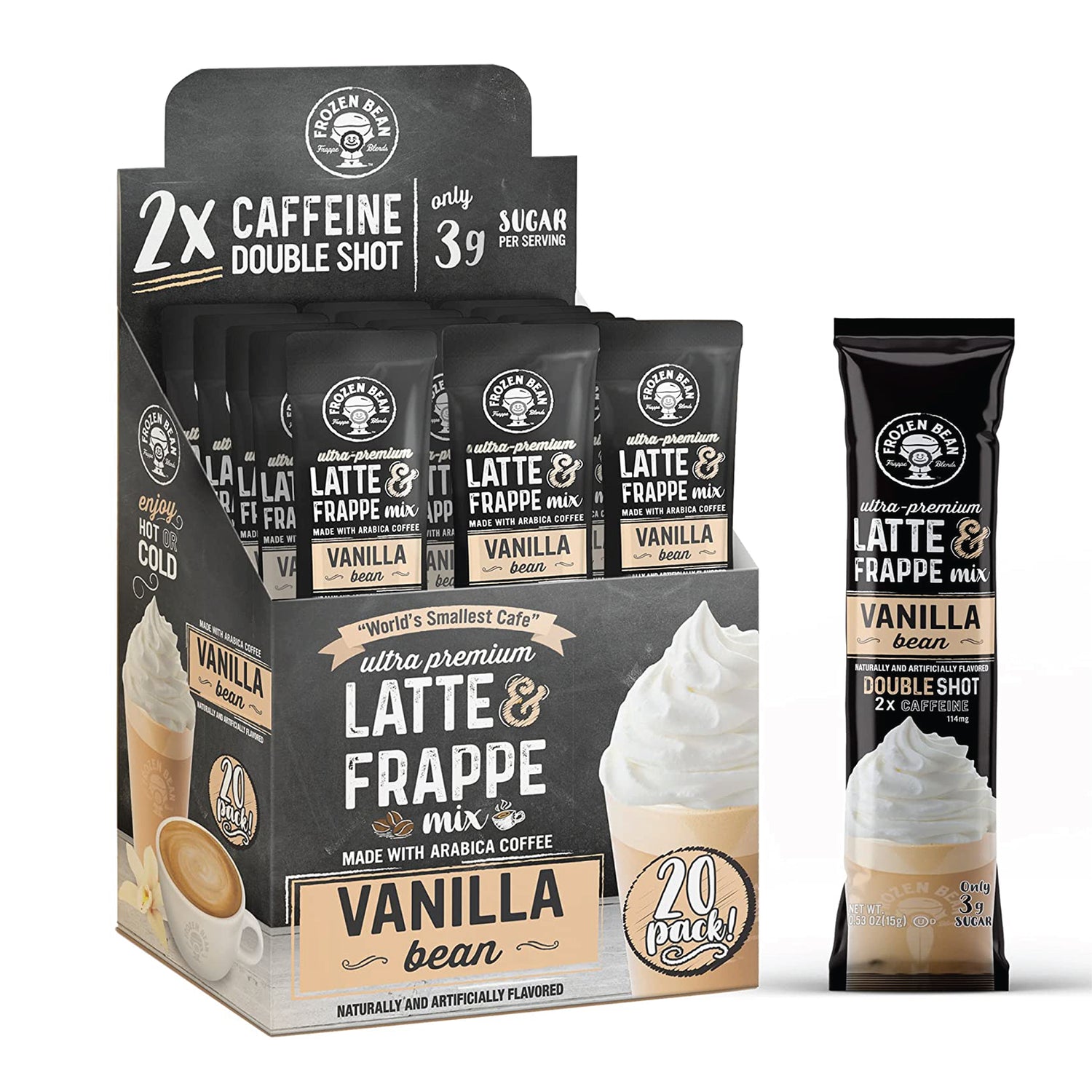 The Frozen Bean Ultra Premium Vanilla Bean Frappe & Latte Instant Mix (20 Sticks)