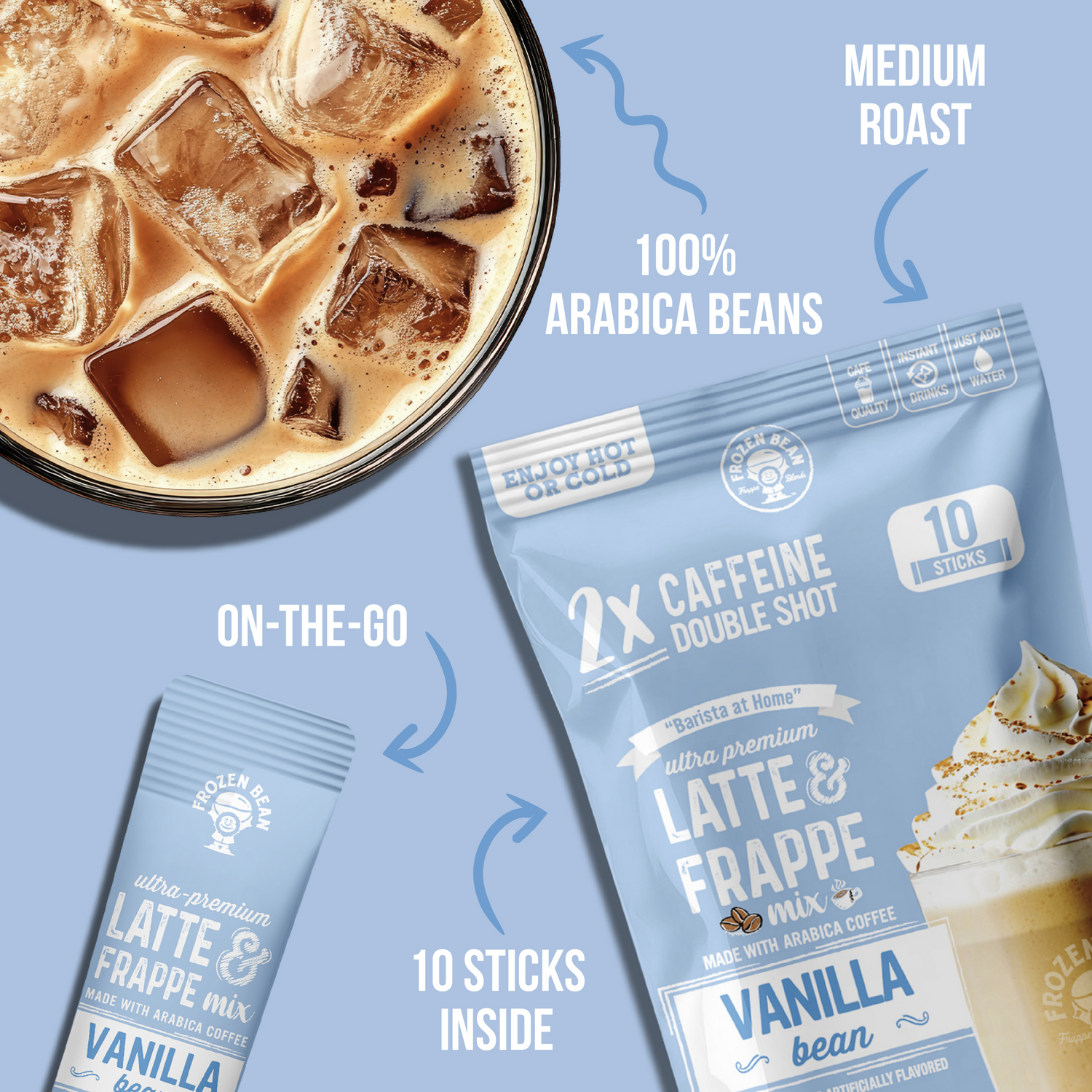 The Frozen Bean Vanilla Bean Frappe & Latte Instant Mix – 10 Single-Serve Packs (Carton)