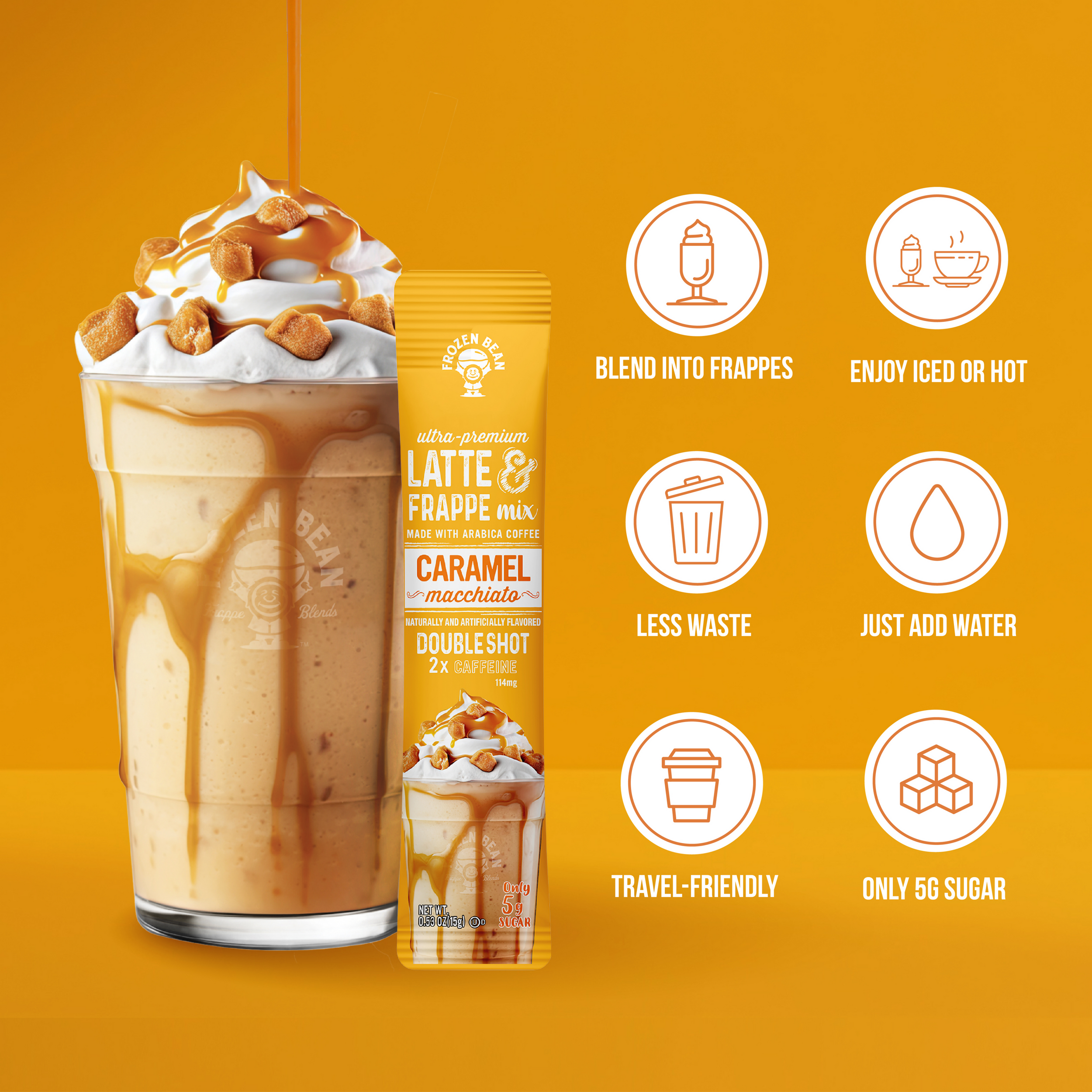 Ultra Premium Frappe Caramel Macchiato Latte Instant Mix – 10 Single-Serve Packs (Carton)
