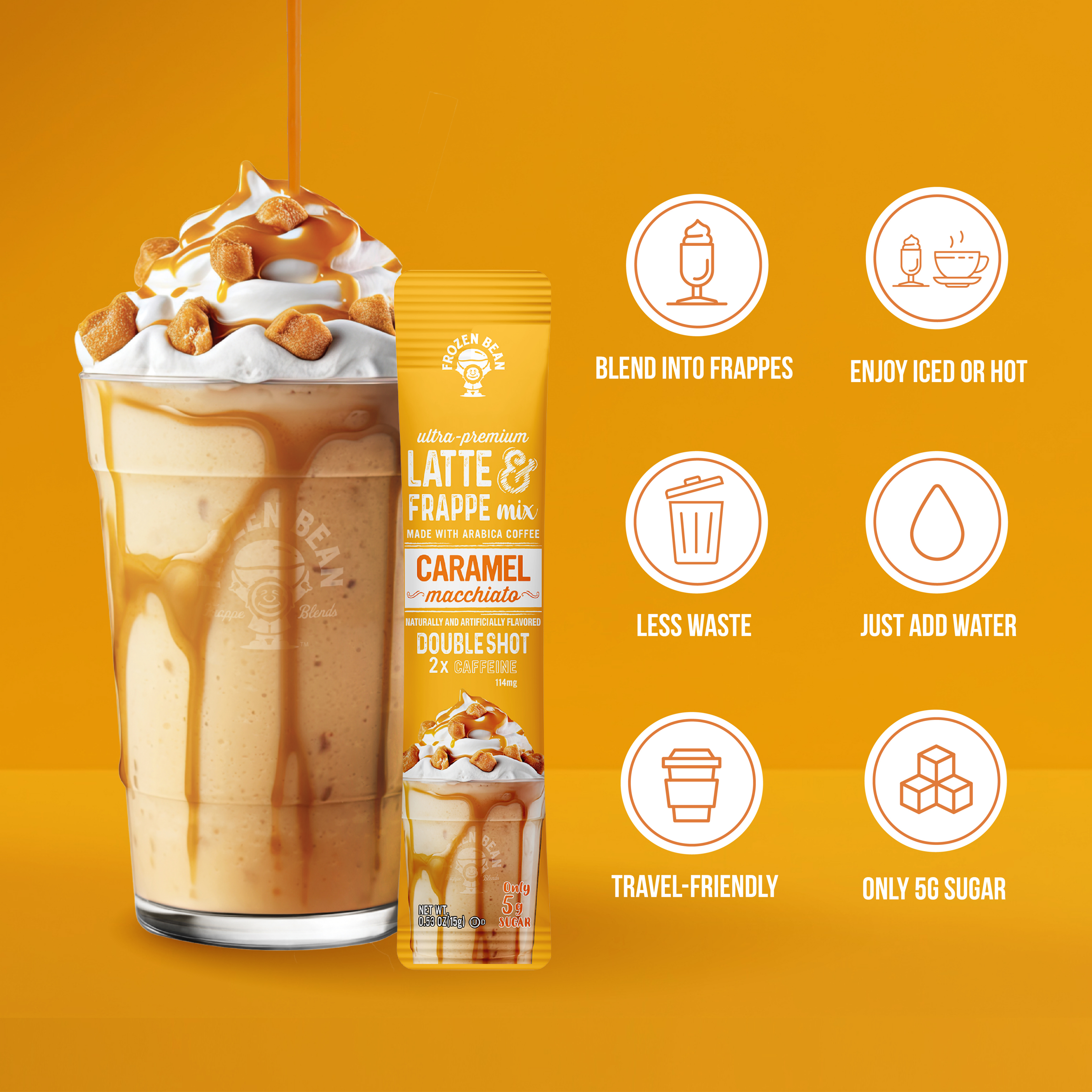 Ultra Premium Frappe Caramel Macchiato Latte Instant Mix – 10 Single-Serve Packs (Carton)