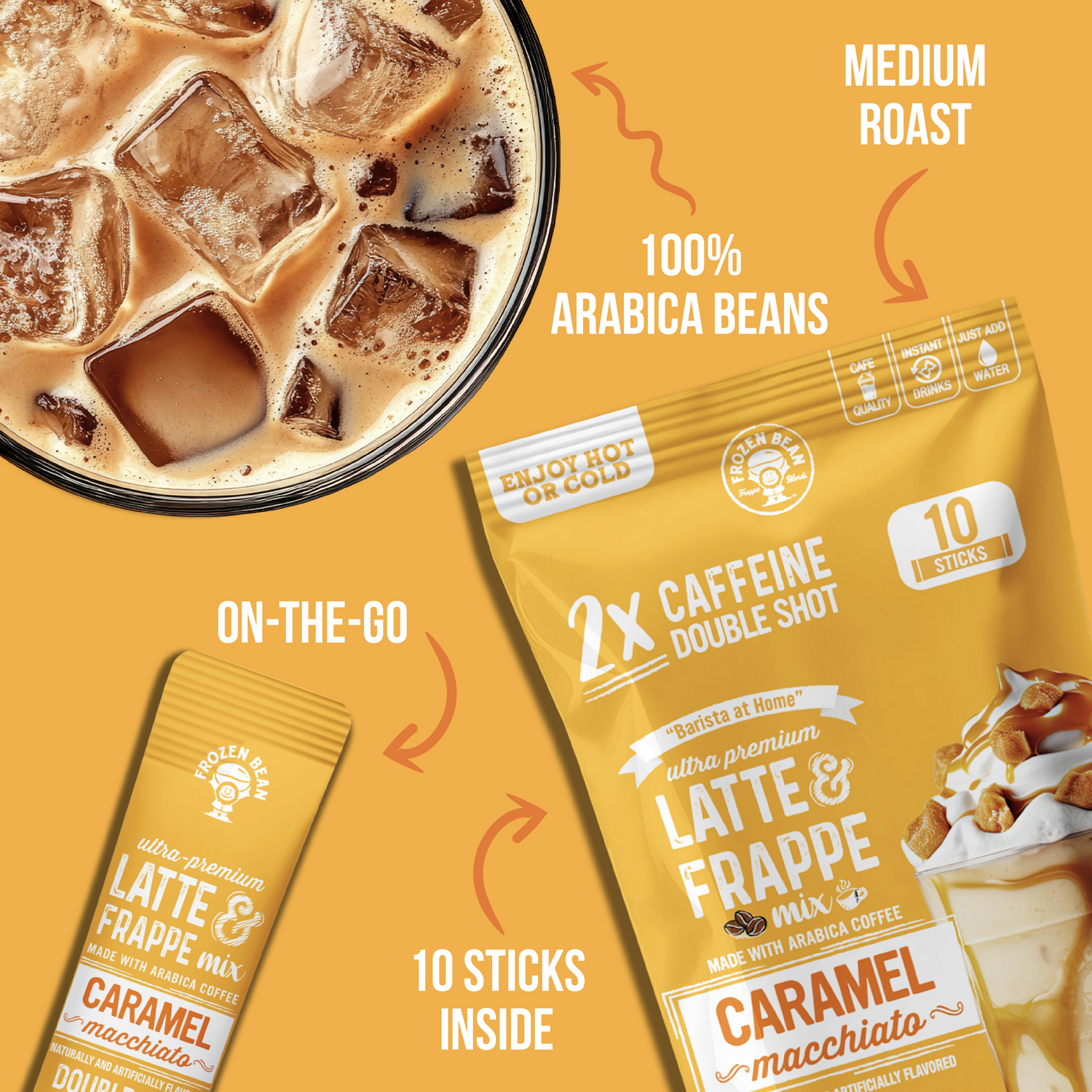 The Frozen Bean Caramel Macchiato Frappe & Latte Instant Mix – 10 Single-Serve Packs (Carton)