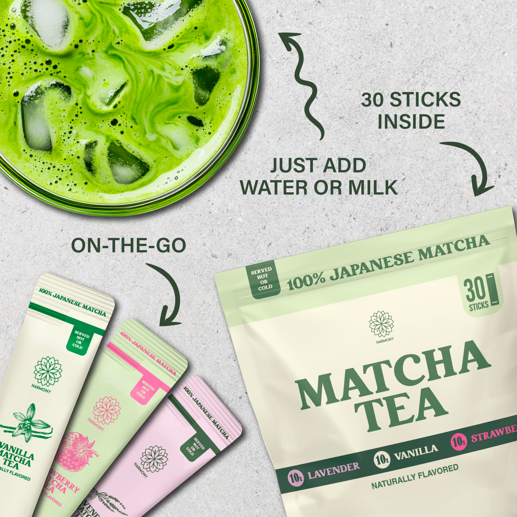 The Harmony Matcha Combo Variety Pack – Lavender, Strawberry & Vanilla (30 Sticks) – Premium Shade-Grown Japanese Matcha, Sweetened with Organic Sugar