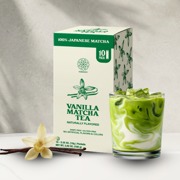 Harmony Matcha Vanilla – Premium Shade-Grown Japanese Matcha, Sweetened with Organic Sugar (10 Stick Packs)
