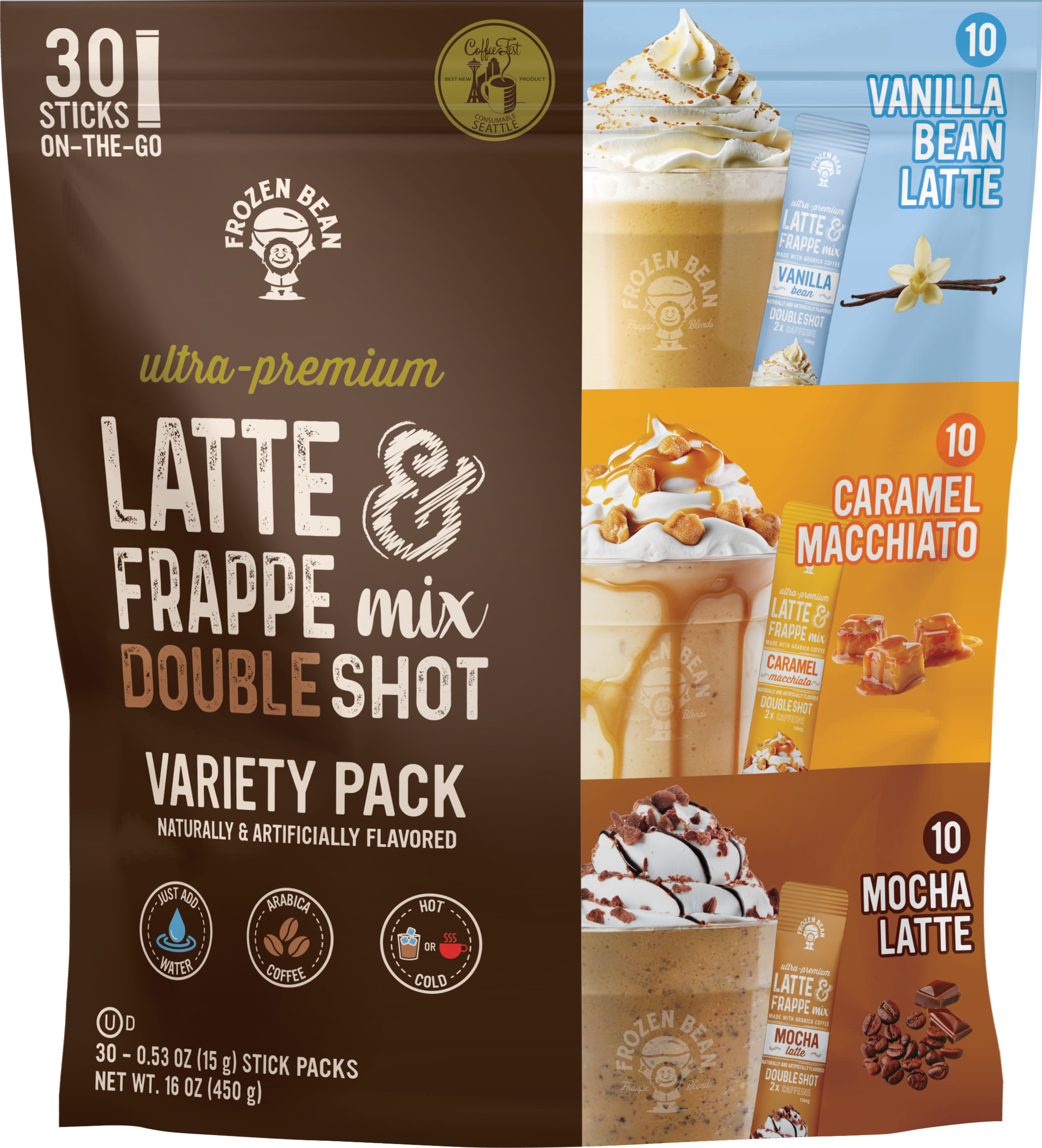 The Frozen Bean Combo Variety Pack Frappe & Latte Instant Mix (30 Sticks)