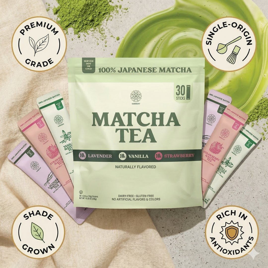 The Harmony Matcha Combo Variety Pack – Lavender, Strawberry & Vanilla (30 Sticks) – Premium Shade-Grown Japanese Matcha, Sweetened with Organic Sugar