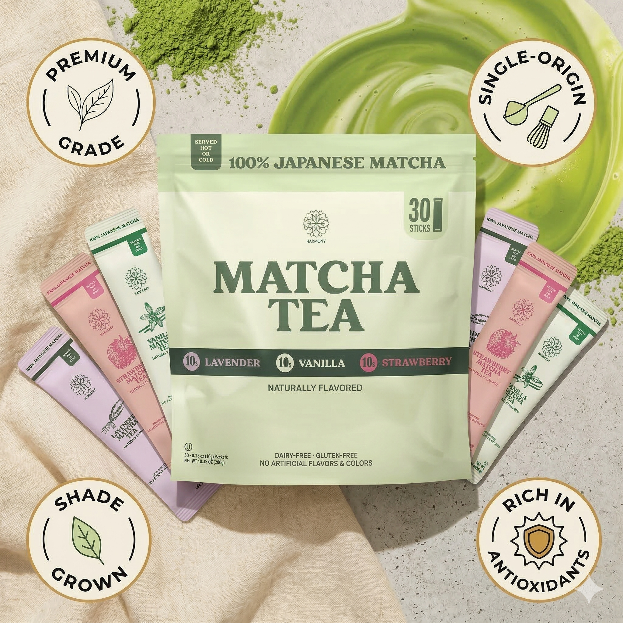 The Harmony Matcha Combo Variety Pack – Lavender, Strawberry & Vanilla (30 Sticks) – Premium Shade-Grown Japanese Matcha, Sweetened with Organic Sugar