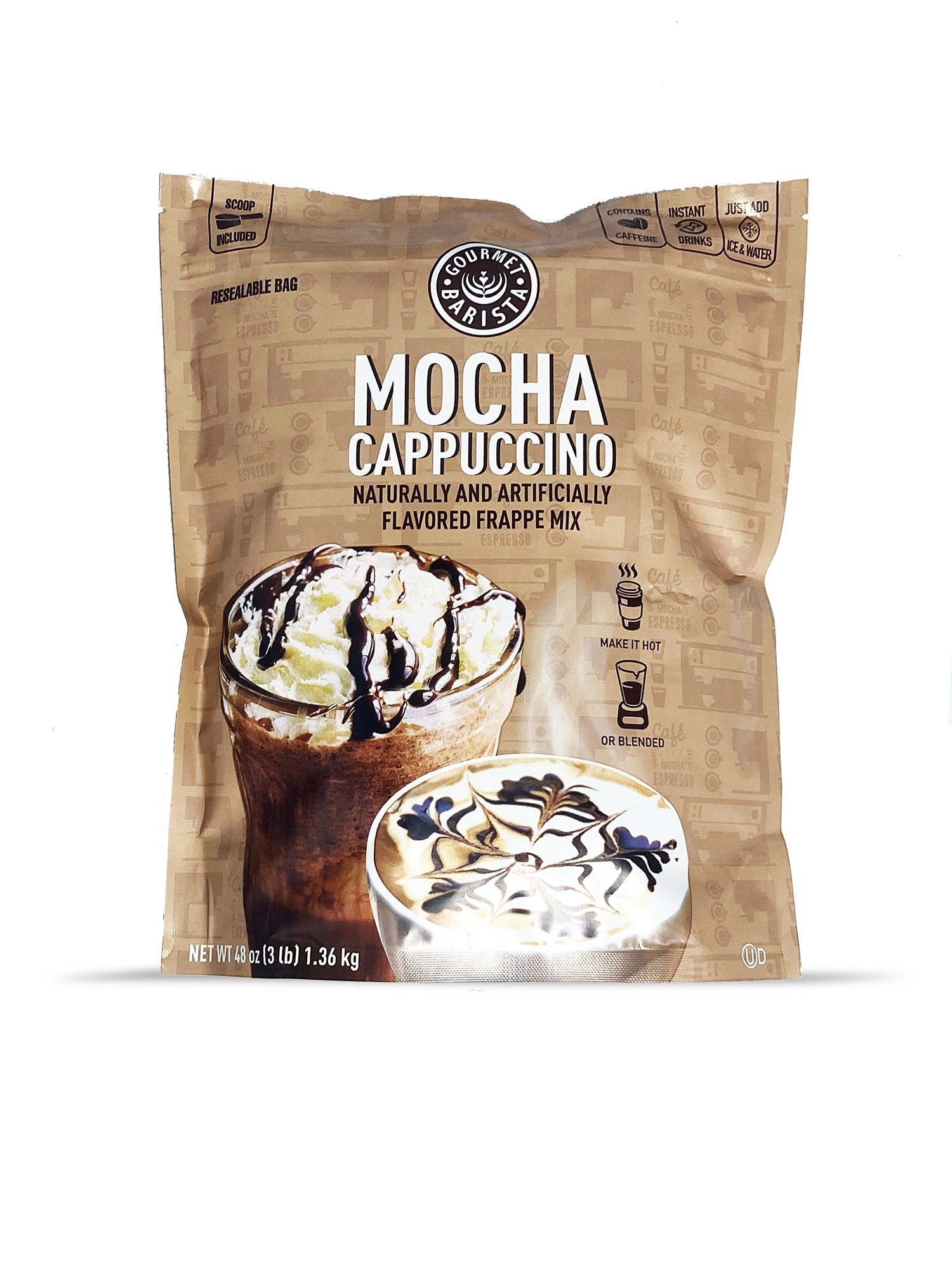 Mocha cappuccino Latte Frappe Mix, Coffee Drink with 100% Arabica Coffee, Certified Kosher, Halal, Gluten Free, 3Lb Bag